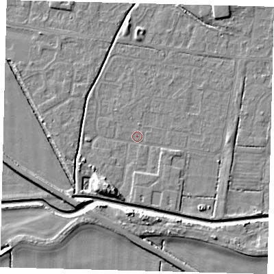 Shaded relief map of the ground around HU128BG, computed from Environment Agency LiDAR. The ground here sits at about 2 m above sea level and falls 7 m across the surrounding 800 m. Surface water reaching this point runs off ground lying to the south-south-west, 5.9 m higher.