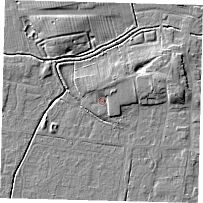 Shaded relief map of the ground around HU128BL, computed from Environment Agency LiDAR. The ground here sits at about 4 m above sea level and falls 7 m across the surrounding 800 m. Surface water reaching this point runs off ground lying to the east-north-east, 3.5 m higher.