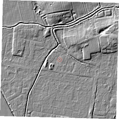 Shaded relief map of the ground around HU128BT, computed from Environment Agency LiDAR. The ground here sits at about 3 m above sea level and falls 7 m across the surrounding 800 m. Surface water reaching this point runs off ground lying to the west-south-west, 2.1 m higher.
