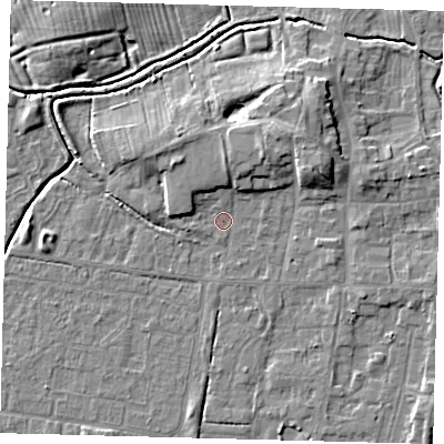 Shaded relief map of the ground around HU128BW, computed from Environment Agency LiDAR. The ground here sits at about 3 m above sea level and falls 7 m across the surrounding 800 m. Surface water reaching this point runs off ground lying to the north-north-east, 4.4 m higher.