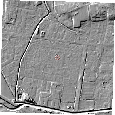 Shaded relief map of the ground around HU128BY, computed from Environment Agency LiDAR. The ground here sits at about 3 m above sea level and falls 8 m across the surrounding 800 m. Surface water reaching this point runs off ground lying to the north-north-west, 0.5 m higher.
