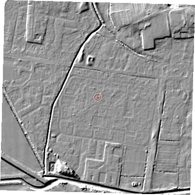 Shaded relief map of the ground around HU128DA, computed from Environment Agency LiDAR. The ground here sits at about 3 m above sea level and falls 7 m across the surrounding 800 m. The ground contributing surface water to this point lies to the north-west.