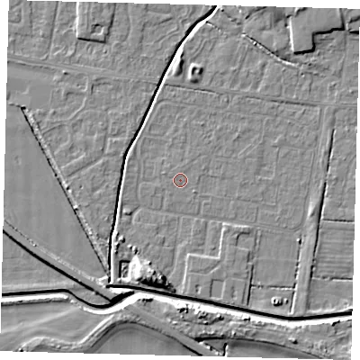 Shaded relief map of the ground around HU128DB, computed from Environment Agency LiDAR. The ground here sits at about 3 m above sea level and falls 7 m across the surrounding 800 m. The ground contributing surface water to this point lies to the east-north-east.