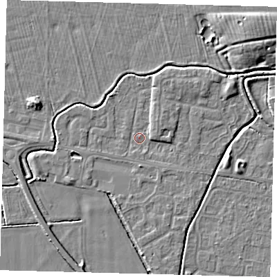 Shaded relief map of the ground around HU128DG, computed from Environment Agency LiDAR. The ground here sits at about 2 m above sea level and falls 6 m across the surrounding 800 m. Surface water reaching this point runs off ground lying to the east-north-east, 1.8 m higher.