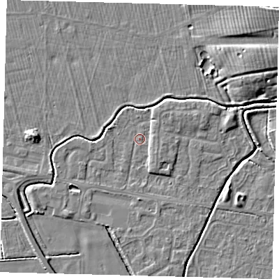 Shaded relief map of the ground around HU128DH, computed from Environment Agency LiDAR. The ground here sits at about 3 m above sea level and falls 6 m across the surrounding 800 m. Surface water reaching this point runs off ground lying to the south-east, 1.8 m higher.
