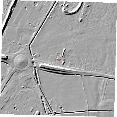 Shaded relief map of the ground around HU128DN, computed from Environment Agency LiDAR. The ground here sits at about 3 m above sea level and falls 11 m across the surrounding 800 m. Surface water reaching this point runs off ground lying to the south-west, 6.8 m higher.
