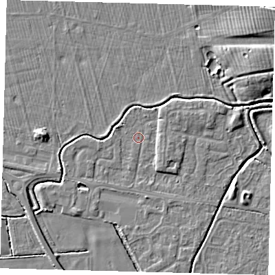 Shaded relief map of the ground around HU128DQ, computed from Environment Agency LiDAR. The ground here sits at about 2 m above sea level and falls 6 m across the surrounding 800 m. Surface water reaching this point runs off ground lying to the east-south-east, 2.0 m higher.