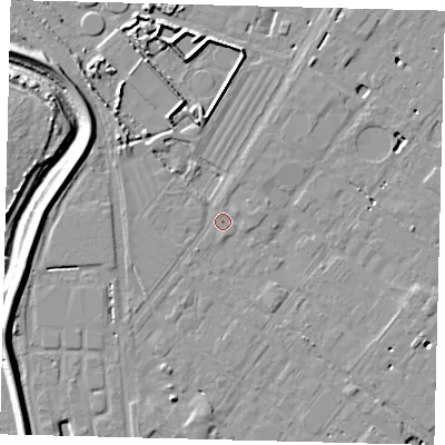 Shaded relief map of the ground around HU128DS, computed from Environment Agency LiDAR. The ground here sits at about 3 m above sea level and falls 8 m across the surrounding 800 m. Surface water reaching this point runs off ground lying to the east-north-east, 0.6 m higher.