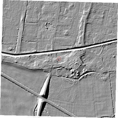 Shaded relief map of the ground around HU128DT, computed from Environment Agency LiDAR. The ground here sits at about 4 m above sea level and falls 9 m across the surrounding 800 m. Surface water reaching this point runs off ground lying to the south-east, 1.7 m higher.