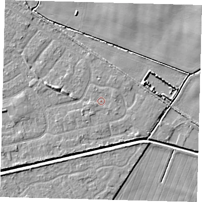 Shaded relief map of the ground around HU128DY, computed from Environment Agency LiDAR. The ground here sits at about 3 m above sea level and falls 5 m across the surrounding 800 m. Surface water reaching this point runs off ground lying to the east-north-east, 0.8 m higher.