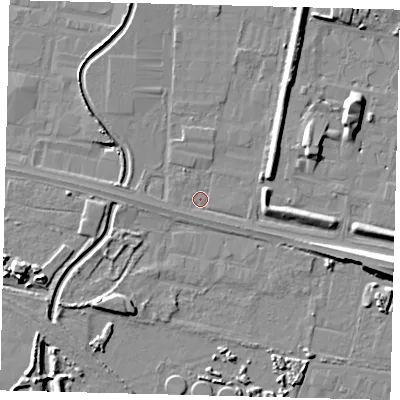 Shaded relief map of the ground around HU128DZ, computed from Environment Agency LiDAR. The ground here sits at about 2 m above sea level and falls 9 m across the surrounding 800 m. Surface water reaching this point runs off ground lying to the east, 3.3 m higher.