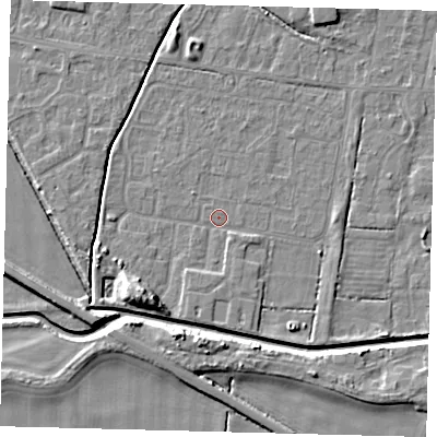Shaded relief map of the ground around HU128EF, computed from Environment Agency LiDAR. The ground here sits at about 2 m above sea level and falls 7 m across the surrounding 800 m. Surface water reaching this point runs off ground lying to the south-south-east, 2.3 m higher.
