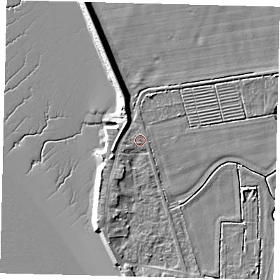 Shaded relief map of the ground around HU128EH, computed from Environment Agency LiDAR. The ground here sits at about 3 m above sea level and falls 10 m across the surrounding 800 m. Surface water reaching this point runs off ground lying to the west-south-west, 1.1 m higher.