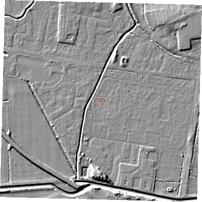 Shaded relief map of the ground around HU128EJ, computed from Environment Agency LiDAR. The ground here sits at about 2 m above sea level and falls 7 m across the surrounding 800 m. Surface water reaching this point runs off ground lying to the south, 6.9 m higher.