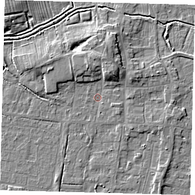 Shaded relief map of the ground around HU128EL, computed from Environment Agency LiDAR. The ground here sits at about 3 m above sea level and falls 7 m across the surrounding 800 m. Surface water reaching this point runs off ground lying to the north-north-east, 5.4 m higher.
