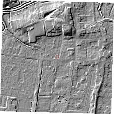 Shaded relief map of the ground around HU128EN, computed from Environment Agency LiDAR. The ground here sits at about 3 m above sea level and falls 7 m across the surrounding 800 m. Surface water reaching this point runs off ground lying to the north-north-east, 5.6 m higher.