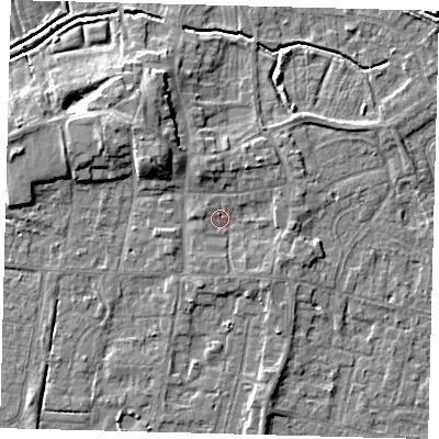 Shaded relief map of the ground around HU128EP, computed from Environment Agency LiDAR. The ground here sits at about 4 m above sea level and falls 7 m across the surrounding 800 m. Surface water reaching this point runs off ground lying to the south-east, 1.6 m higher.
