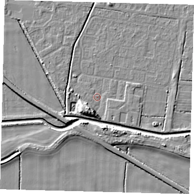 Shaded relief map of the ground around HU128EQ, computed from Environment Agency LiDAR. The ground here sits at about 2 m above sea level and falls 7 m across the surrounding 800 m. Surface water reaching this point runs off ground lying to the south-west, 5.9 m higher.