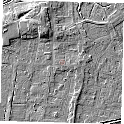 Shaded relief map of the ground around HU128ER, computed from Environment Agency LiDAR. The ground here sits at about 4 m above sea level and falls 8 m across the surrounding 800 m. Surface water reaching this point runs off ground lying to the east, 1.4 m higher.