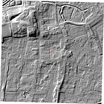 Shaded relief map of the ground around HU128ES, computed from Environment Agency LiDAR. The ground here sits at about 3 m above sea level and falls 8 m across the surrounding 800 m. Surface water reaching this point runs off ground lying to the east-south-east, 1.5 m higher.