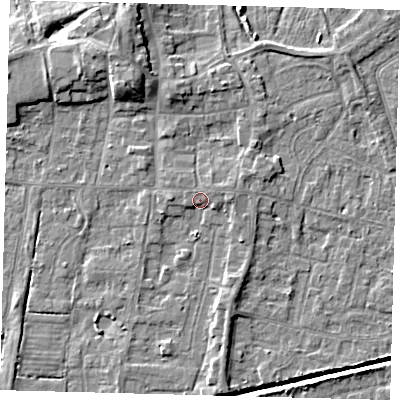 Shaded relief map of the ground around HU128ET, computed from Environment Agency LiDAR. The ground here sits at about 4 m above sea level and falls 8 m across the surrounding 800 m. Surface water reaching this point runs off ground lying to the north-east, 1.4 m higher.