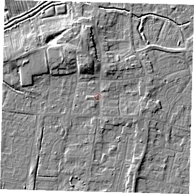 Shaded relief map of the ground around HU128EU, computed from Environment Agency LiDAR. The ground here sits at about 4 m above sea level and falls 7 m across the surrounding 800 m. Surface water reaching this point runs off ground lying to the north-north-west, 4.6 m higher.