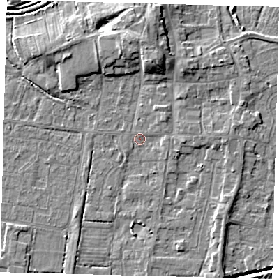 Shaded relief map of the ground around HU128EW, computed from Environment Agency LiDAR. The ground here sits at about 3 m above sea level and falls 8 m across the surrounding 800 m. Surface water reaching this point runs off ground lying to the north-east, 1.8 m higher.