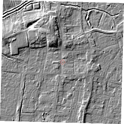 Shaded relief map of the ground around HU128EX, computed from Environment Agency LiDAR. The ground here sits at about 4 m above sea level and falls 7 m across the surrounding 800 m. Surface water reaching this point runs off ground lying to the north-north-west, 4.6 m higher.