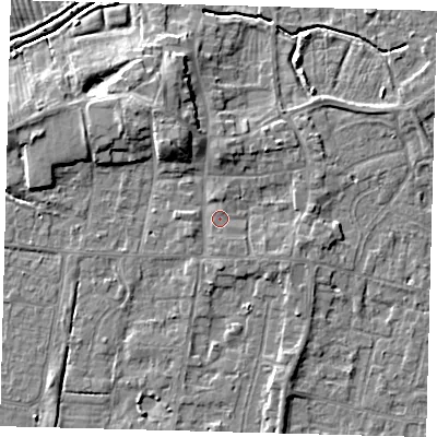Shaded relief map of the ground around HU128EZ, computed from Environment Agency LiDAR. The ground here sits at about 4 m above sea level and falls 7 m across the surrounding 800 m. Surface water reaching this point runs off ground lying to the east-south-east, 1.6 m higher.
