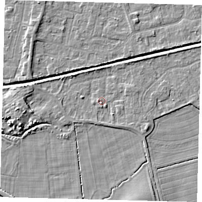 Shaded relief map of the ground around HU128FA, computed from Environment Agency LiDAR. The ground here sits at about 3 m above sea level and falls 6 m across the surrounding 800 m. Surface water reaching this point runs off ground lying to the east-north-east, 1.4 m higher.