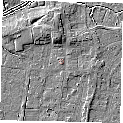 Shaded relief map of the ground around HU128GB, computed from Environment Agency LiDAR. The ground here sits at about 4 m above sea level and falls 7 m across the surrounding 800 m. Surface water reaching this point runs off ground lying to the north, 4.6 m higher.