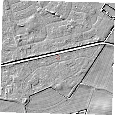 Shaded relief map of the ground around HU128GE, computed from Environment Agency LiDAR. The ground here sits at about 3 m above sea level and falls 5 m across the surrounding 800 m. Surface water reaching this point runs off ground lying to the east-north-east, 1.8 m higher.