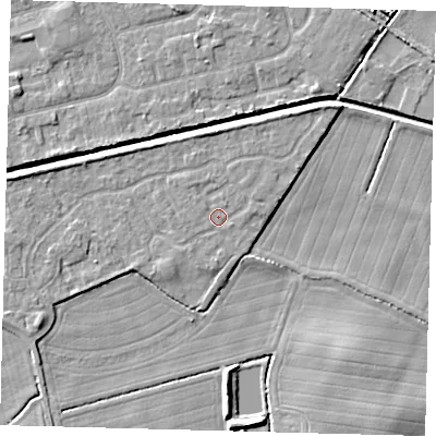 Shaded relief map of the ground around HU128GF, computed from Environment Agency LiDAR. The ground here sits at about 3 m above sea level and falls 6 m across the surrounding 800 m. Surface water reaching this point runs off ground lying to the east-north-east, 0.9 m higher.