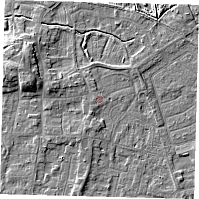 Shaded relief map of the ground around HU128GH, computed from Environment Agency LiDAR. The ground here sits at about 4 m above sea level and falls 7 m across the surrounding 800 m. Surface water reaching this point runs off ground lying to the west, 0.9 m higher.