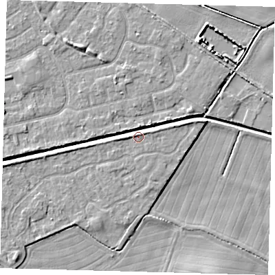 Shaded relief map of the ground around HU128GN, computed from Environment Agency LiDAR. The ground here sits at about 3 m above sea level and falls 5 m across the surrounding 800 m. Surface water reaching this point runs off ground lying to the west, 1.3 m higher.