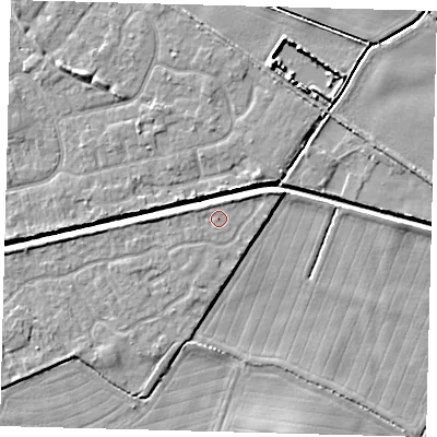 Shaded relief map of the ground around HU128GP, computed from Environment Agency LiDAR. The ground here sits at about 3 m above sea level and falls 5 m across the surrounding 800 m. Surface water reaching this point runs off ground lying to the north-north-east, 0.9 m higher.