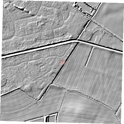 Shaded relief map of the ground around HU128GQ, computed from Environment Agency LiDAR. The ground here sits at about 3 m above sea level and falls 6 m across the surrounding 800 m. Surface water reaching this point runs off ground lying to the north-east, 1.7 m higher.