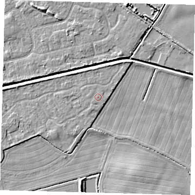 Shaded relief map of the ground around HU128GR, computed from Environment Agency LiDAR. The ground here sits at about 4 m above sea level and falls 6 m across the surrounding 800 m. The ground contributing surface water to this point lies to the west.
