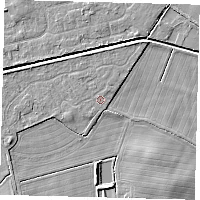Shaded relief map of the ground around HU128GS, computed from Environment Agency LiDAR. The ground here sits at about 3 m above sea level and falls 6 m across the surrounding 800 m. The ground contributing surface water to this point lies to the north-north-west.