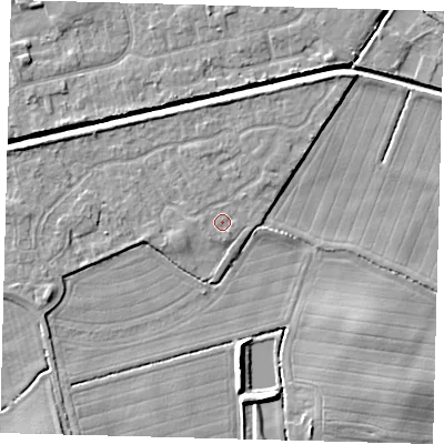 Shaded relief map of the ground around HU128GT, computed from Environment Agency LiDAR. The ground here sits at about 3 m above sea level and falls 6 m across the surrounding 800 m. Surface water reaching this point runs off ground lying to the south-east, 0.7 m higher.