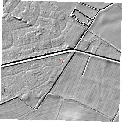 Shaded relief map of the ground around HU128GU, computed from Environment Agency LiDAR. The ground here sits at about 3 m above sea level and falls 5 m across the surrounding 800 m. Surface water reaching this point runs off ground lying to the north, 1.3 m higher.