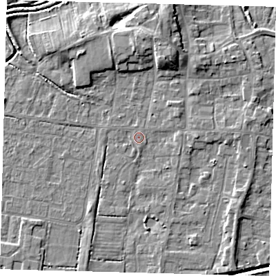Shaded relief map of the ground around HU128GW, computed from Environment Agency LiDAR. The ground here sits at about 3 m above sea level and falls 8 m across the surrounding 800 m. Surface water reaching this point runs off ground lying to the south-south-east, 0.6 m higher.
