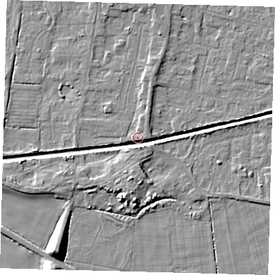 Shaded relief map of the ground around HU128GY, computed from Environment Agency LiDAR. The ground here sits at about 4 m above sea level and falls 9 m across the surrounding 800 m. Surface water reaching this point runs off ground lying to the south-south-east, 4.9 m higher.