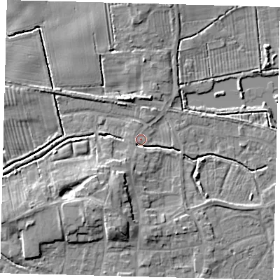 Shaded relief map of the ground around HU128GZ, computed from Environment Agency LiDAR. The ground here sits at about 4 m above sea level and falls 7 m across the surrounding 800 m. Surface water reaching this point runs off ground lying to the south-south-west, 5.7 m higher.