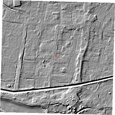 Shaded relief map of the ground around HU128HA, computed from Environment Agency LiDAR. The ground here sits at about 3 m above sea level and falls 6 m across the surrounding 800 m. Surface water reaching this point runs off ground lying to the north-east, 2.4 m higher.