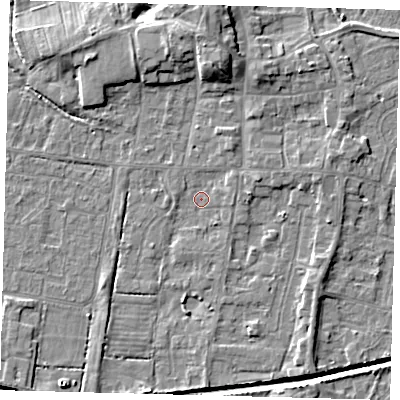 Shaded relief map of the ground around HU128HE, computed from Environment Agency LiDAR. The ground here sits at about 3 m above sea level and falls 8 m across the surrounding 800 m. Surface water reaching this point runs off ground lying to the north, 5.8 m higher.
