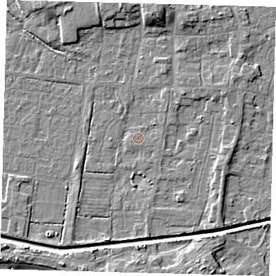 Shaded relief map of the ground around HU128HF, computed from Environment Agency LiDAR. The ground here sits at about 3 m above sea level and falls 8 m across the surrounding 800 m. Surface water reaching this point runs off ground lying to the south, 0.6 m higher.