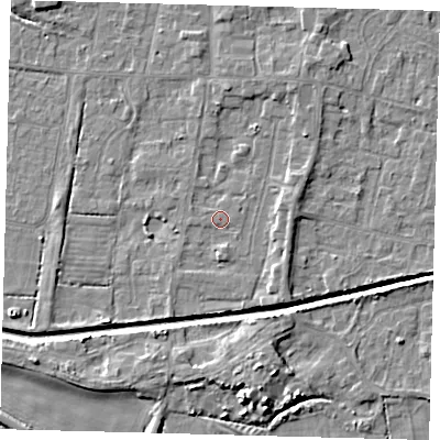 Shaded relief map of the ground around HU128HG, computed from Environment Agency LiDAR. The ground here sits at about 3 m above sea level and falls 6 m across the surrounding 800 m. Surface water reaching this point runs off ground lying to the east-north-east, 2.3 m higher.