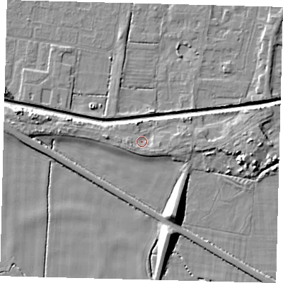 Shaded relief map of the ground around HU128HH, computed from Environment Agency LiDAR. The ground here sits at about 4 m above sea level and falls 9 m across the surrounding 800 m. Surface water reaching this point runs off ground lying to the west, 2.0 m higher.