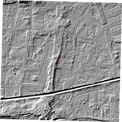 Shaded relief map of the ground around HU128HN, computed from Environment Agency LiDAR. The ground here sits at about 3 m above sea level and falls 6 m across the surrounding 800 m. Surface water reaching this point runs off ground lying to the west-south-west, 2.2 m higher.